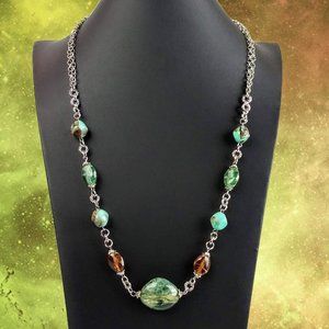 Turquoise Bead & Silver Matinee Round Link Statement Necklace